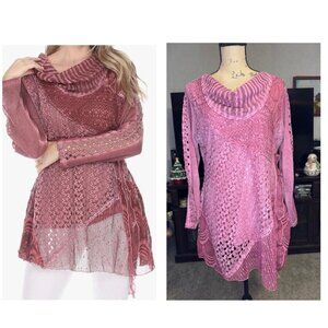 Womens Tunic Blouse Mauve Pink Floral Lace Cowl Asymmetric Fairy Lagenlook LARGE